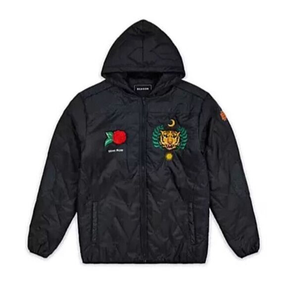 Reason Quilted Jacket Men’s XL Black Hooded Tiger Rose Patches - Picture 1 of 7
